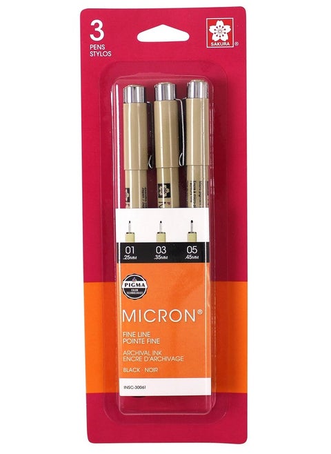 Sakura Pigma 30061 Micron Blister Card Ink Pen Set, Black, Ass't Point Size 3CT Set