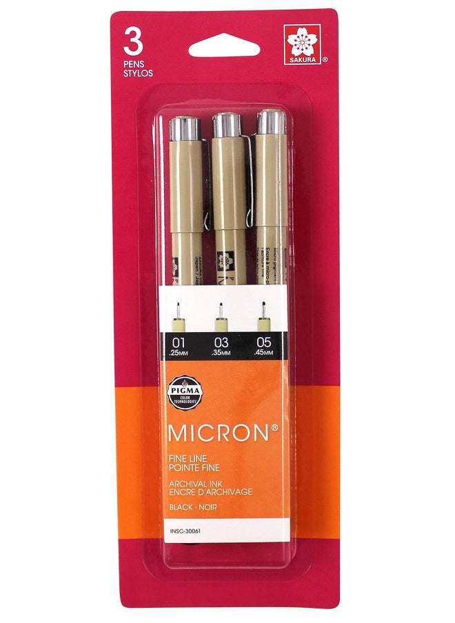 SAKURA - Sakura Pigma 30061 Micron Blister Card Ink Pen Set, Black, Ass't Point Size 3CT Set - Image 1