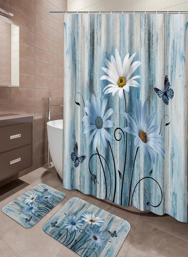 ArtSocket Blue Daisy Bathroom Set with Shower Curtain and Bath Rugs and Accessories,Wooden Boards Non-Slip Shower Curtain Set,Bathroom Decor 3 Pcs - Image 1
