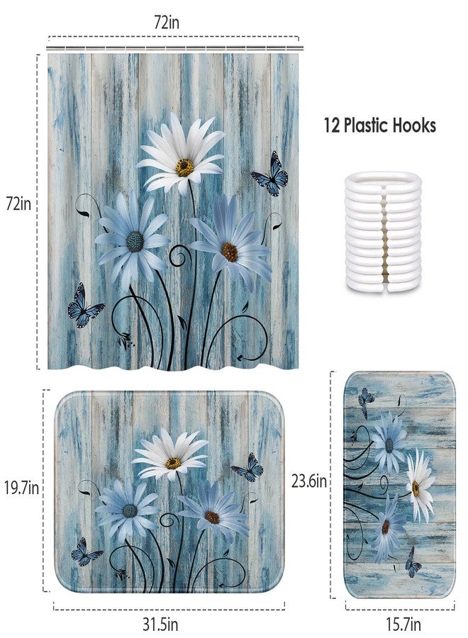 ArtSocket Blue Daisy Bathroom Set with Shower Curtain and Bath Rugs and Accessories,Wooden Boards Non-Slip Shower Curtain Set,Bathroom Decor 3 Pcs - Image 2