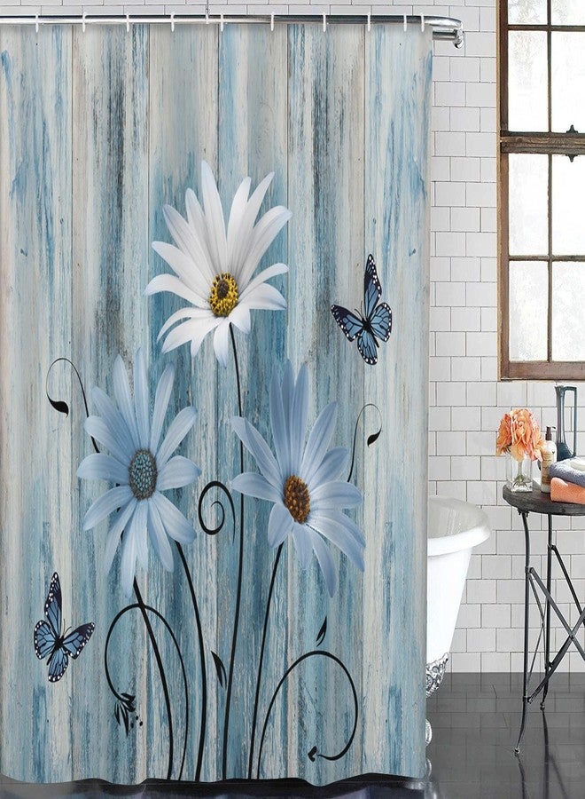 ArtSocket Blue Daisy Bathroom Set with Shower Curtain and Bath Rugs and Accessories,Wooden Boards Non-Slip Shower Curtain Set,Bathroom Decor 3 Pcs - Image 3