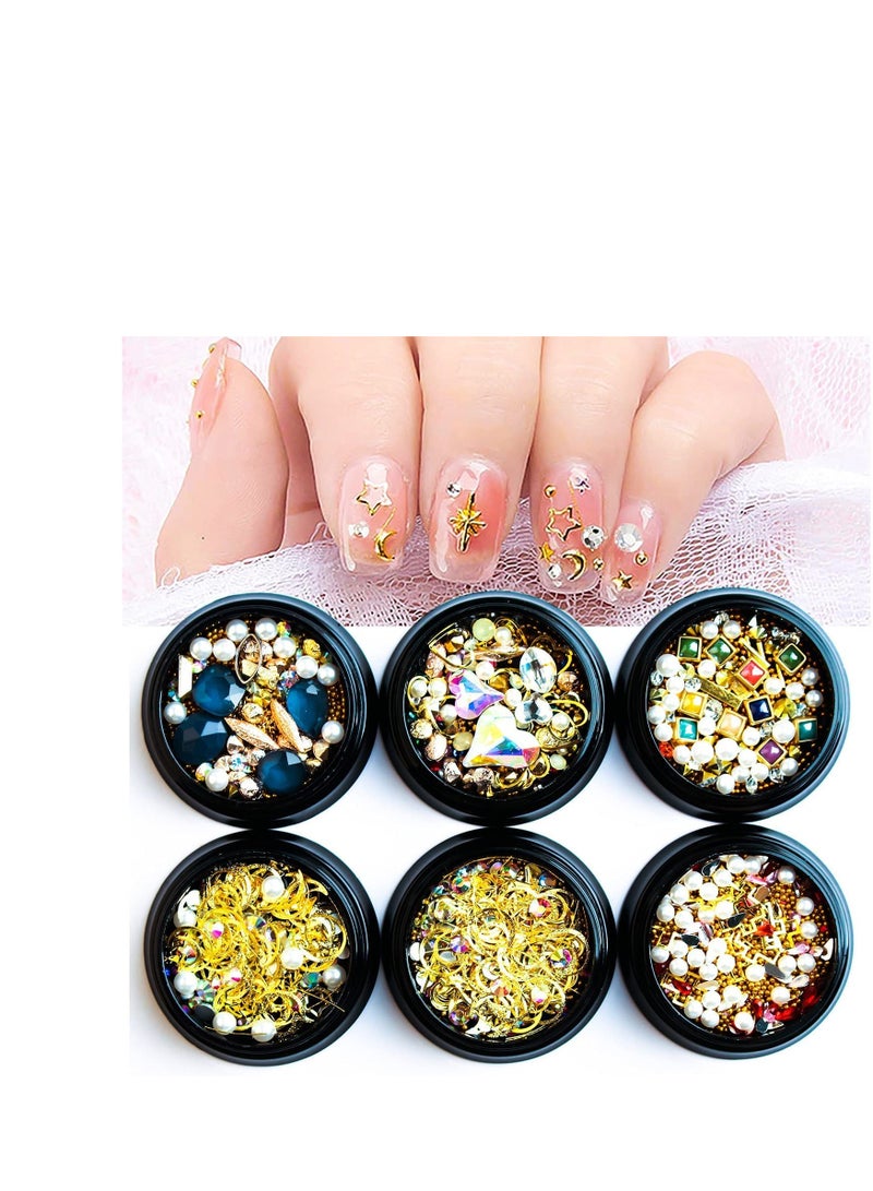 سيوسي 3D Nail Charms, Gold Nail Studs Nail Art Rhinestone Nail Jewels Gem Pearls Nail Decoration Kit With 1Pcs Tweezers, Picker Pencil 6 Boxes for Nail Art Designs Supplies DIY Crafting - Image 2