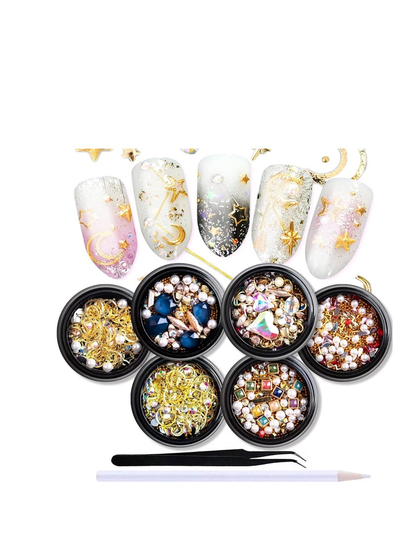 سيوسي 3D Nail Charms, Gold Nail Studs Nail Art Rhinestone Nail Jewels Gem Pearls Nail Decoration Kit With 1Pcs Tweezers, Picker Pencil 6 Boxes for Nail Art Designs Supplies DIY Crafting - Image 1