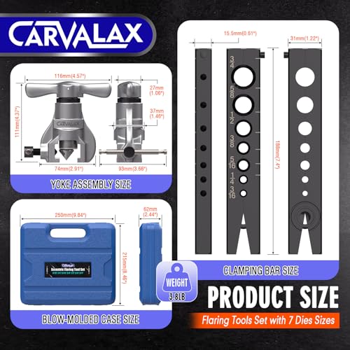 CARVALAX 45° Eccentric Flaring Tool Kit for Copper, Brass, and Aluminum Tubing, Single Flaring Bar with 7 Dies (3/16" to 3/4"), for HVAC, Refrigeration,and Brake Lines, heavy duty with Case (Imperial) - Image 2