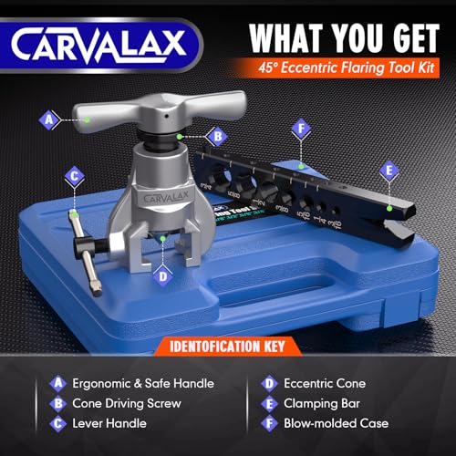 CARVALAX 45° Eccentric Flaring Tool Kit for Copper, Brass, and Aluminum Tubing, Single Flaring Bar with 7 Dies (3/16" to 3/4"), for HVAC, Refrigeration,and Brake Lines, heavy duty with Case (Imperial) - Image 3