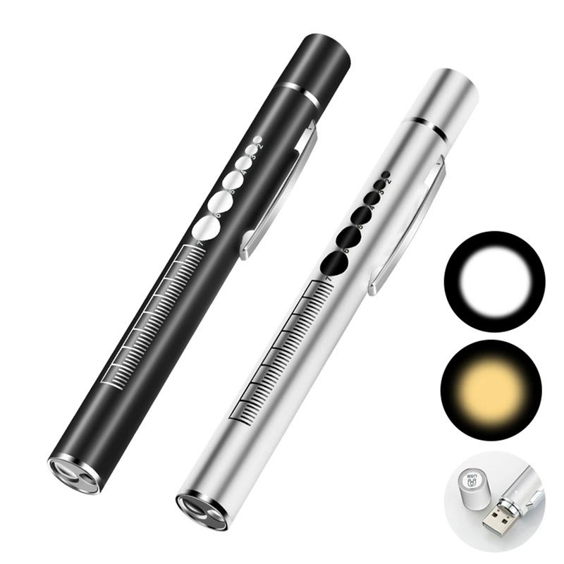 Dual Light Source Pupil Pen Light Rechargeable Portable Flashlight Doctor Nurse Stainless Steel Pen Light LED Flashlight Yellow and White Light 2 in 1 - Image 2
