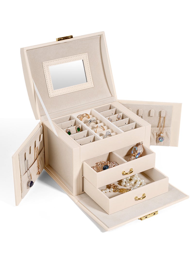 Women's Jewelry Box with 2 Drawers, Mirror, Lockable with Keys, 3-Layer Jewelry Organizer Case for Bracelets, Earrings, Rings, Necklaces - Image 1