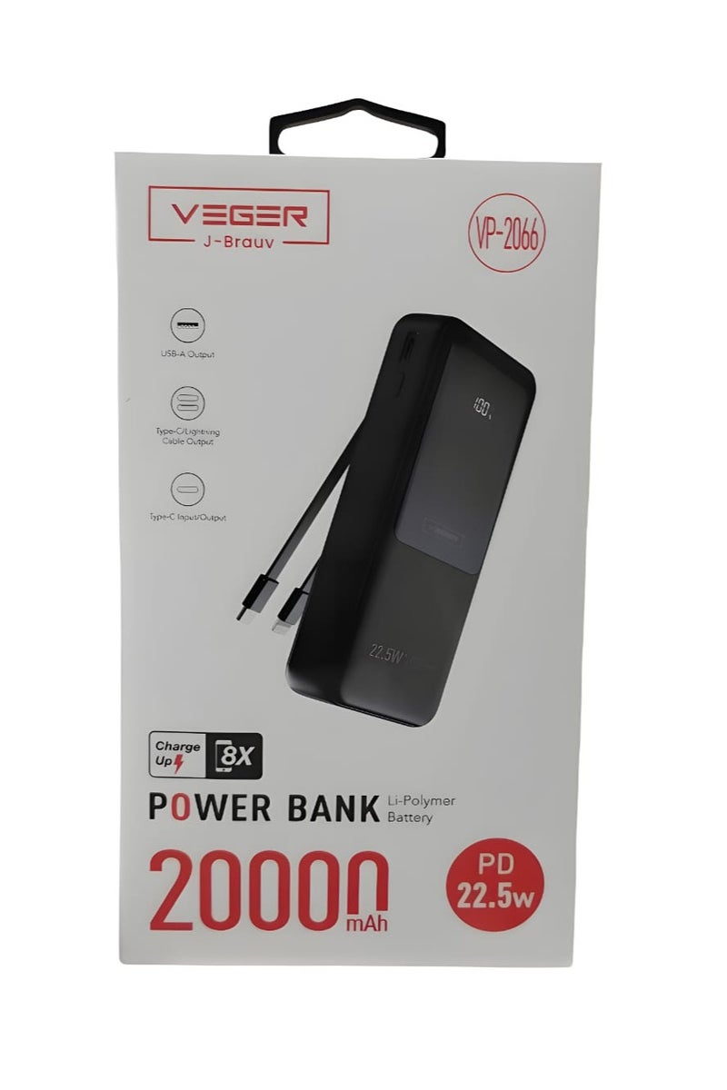 VEGER 20000mAh Power Bank with Built-in Type-C and iPhone Cables, Display, and 22.5W Charging Power - Black - Image 3