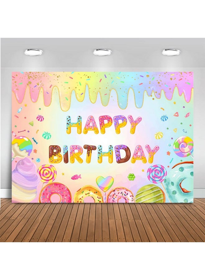 Mocsicka Donut Happy Birthday Backdrop For Girls Sweet Candy Birthday Party Decorations Background Cake Table Banner Donut Ice Cream Birthday Photography Background (7X5Ft (82X60 Inch))  - Image 1