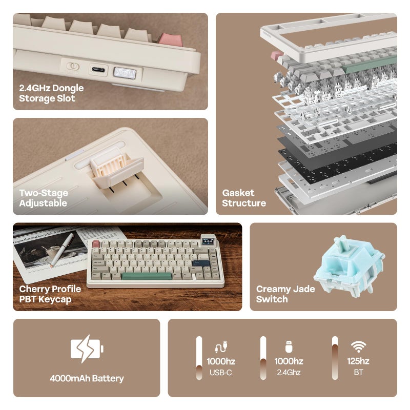 EPOMAKER RT82 Wireless Mechanical Keyboard with Screen, VIA Custom, 2.4GHz/USB-C/BT5.0, RGB Backlit, Gasket, 5-Paddings, PBT Keycaps, Hot-Swap Retro Gaming Keyboard (Creamy Jade) - Image 2