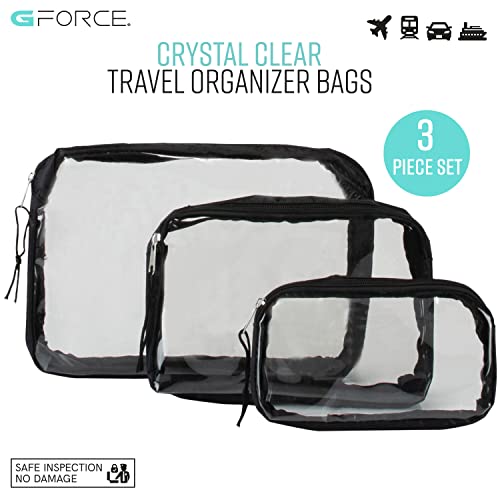 G-Force GForce 3 Piece Clear Travel Set, for Toiletries, Accessories, Cosmetic Organizer in Black, Small, Medium, Large - Image 2