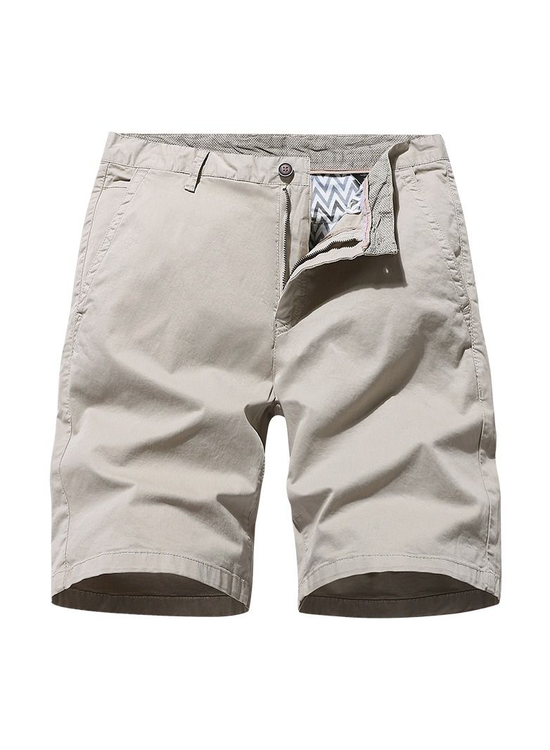 Loquat Men's Solid Color Casual Pants, Elastic Pure Cotton Shorts Khaki  - Image 1