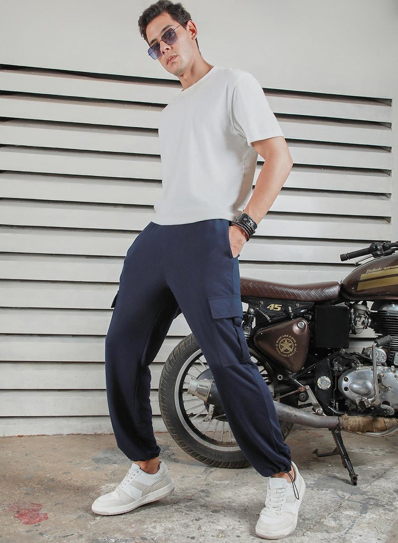 HIGH STAR Men's Navy 100% Polyester Printed Full Length Casual Jogger Straight Fit Trouser - Image 1