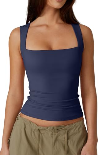 QINSEN Women's Square Neck Sleeveless Double-Layer Tank Tops Basic Tight T Shirts Navy Blue XS - Image 1