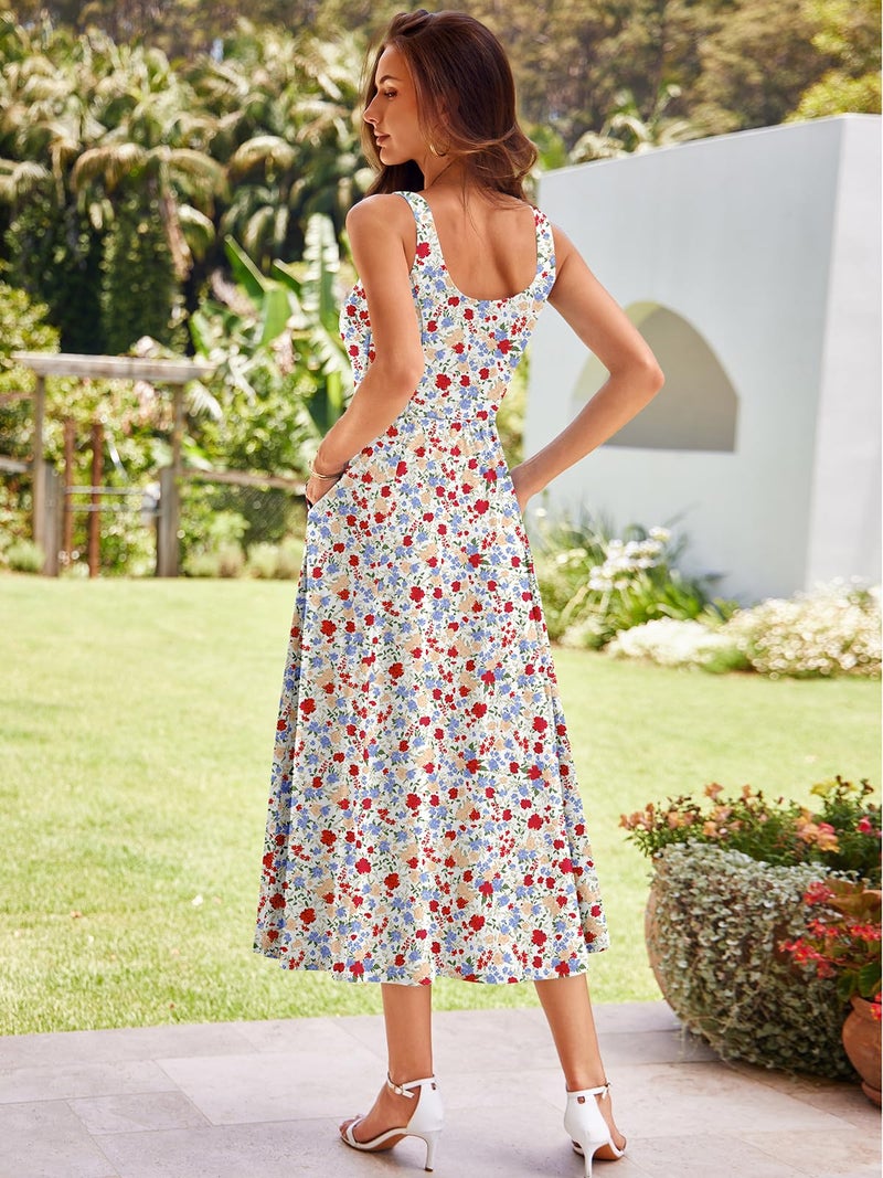 YATHON Tank Dresses for Women 2026 with Pockets Sleeveless Floral Casual Summer Beach Sundress Easy Wear Vacation Dress (YT638-Blue Red F 01,XL) - Image 2