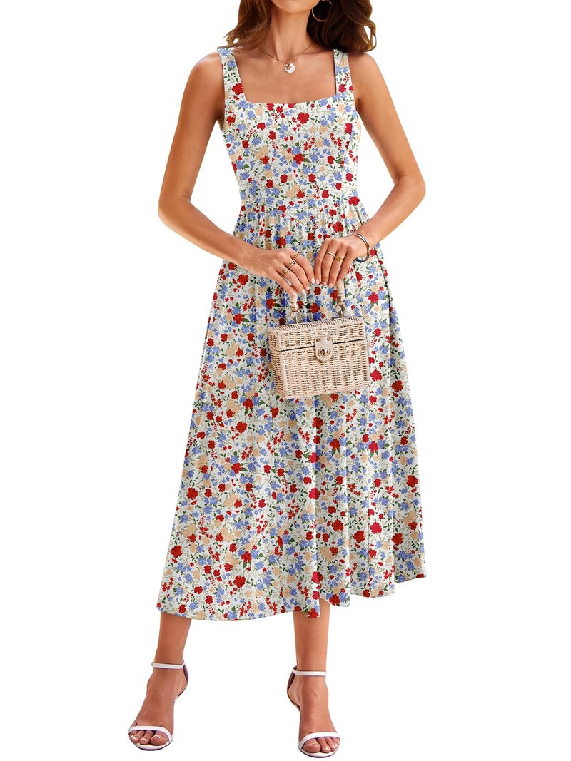 YATHON Tank Dresses for Women 2026 with Pockets Sleeveless Floral Casual Summer Beach Sundress Easy Wear Vacation Dress (YT638-Blue Red F 01,XL) - Image 1