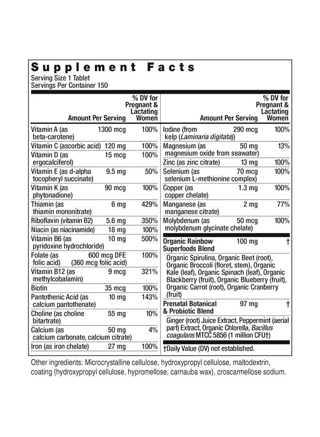 Rainbow Light Rainbow Light Prenatal One High Potency Daily Multivitamin with Folate, Ginger and Probiotics; Supports Mom and Baby from Conception to Nursing; Vegan, 150 Tablets,* Pack May Vary  - Image 2