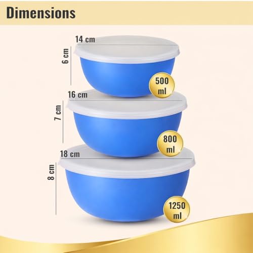 Zaib Microwave Safe Stainless Steel Food Storage Container with Lid | Euro Mixing Bowl Set for Kitchen | 500ml, 800ml, 1250ml | Pack of 3 | Reheatable, Leak-Proof, BPA-Free (3 Plain Blue) - Image 3