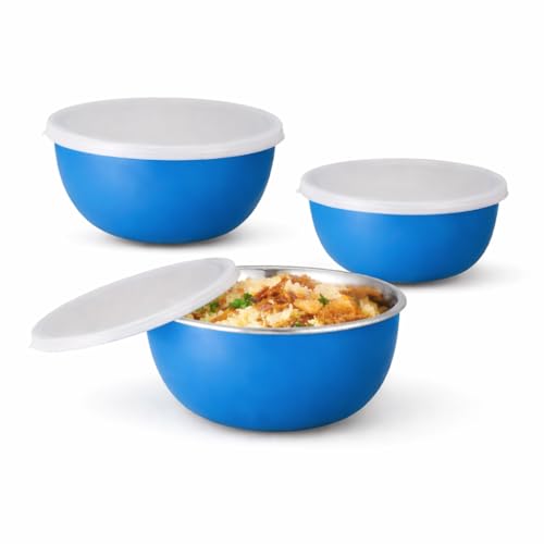 Zaib Microwave Safe Stainless Steel Food Storage Container with Lid | Euro Mixing Bowl Set for Kitchen | 500ml, 800ml, 1250ml | Pack of 3 | Reheatable, Leak-Proof, BPA-Free (3 Plain Blue) - Image 1
