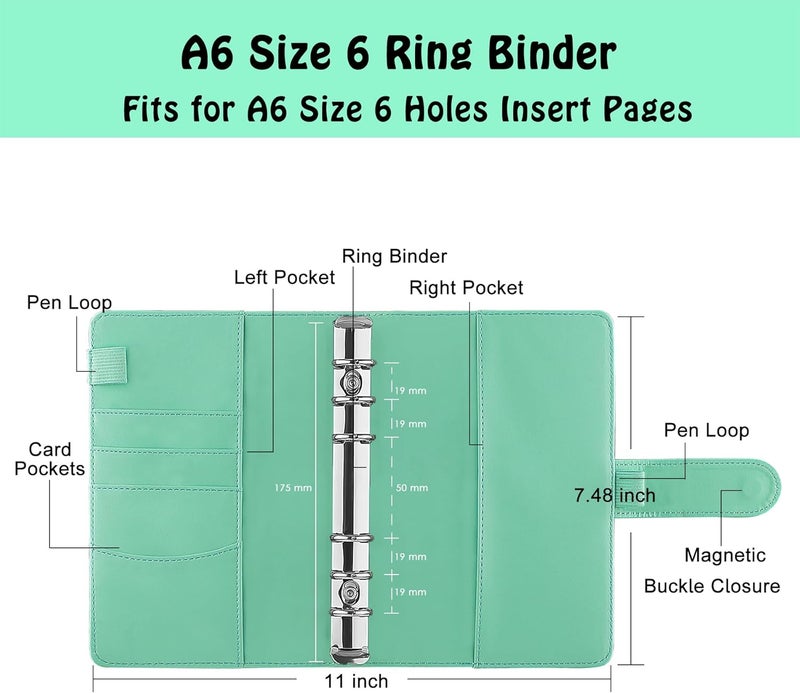 Antner A6 Binder 6 Ring Refillable Notebook Planner for A6 Refill Paper, PU Leather Loose Leaf Personal Budget Planner Money Organizer Cash Stuffing Binder with Magnetic Buckle Closure, Light Green Globally selected raw material - Image 2
