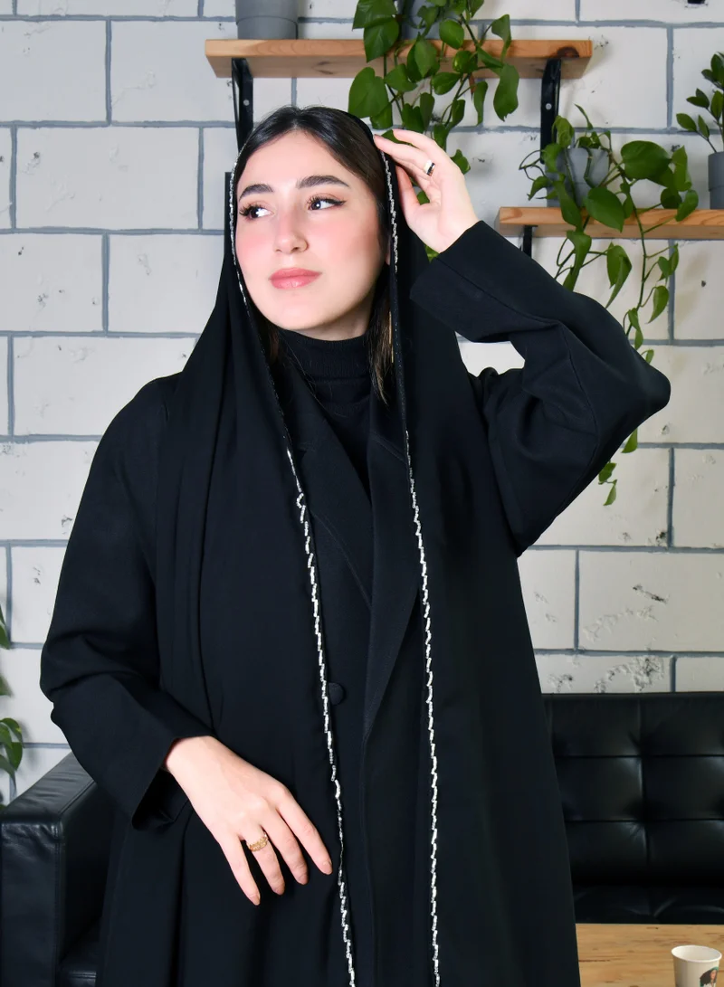 عبايات حوراء طرحه حرير سوداء مع شك فضي على الحافه