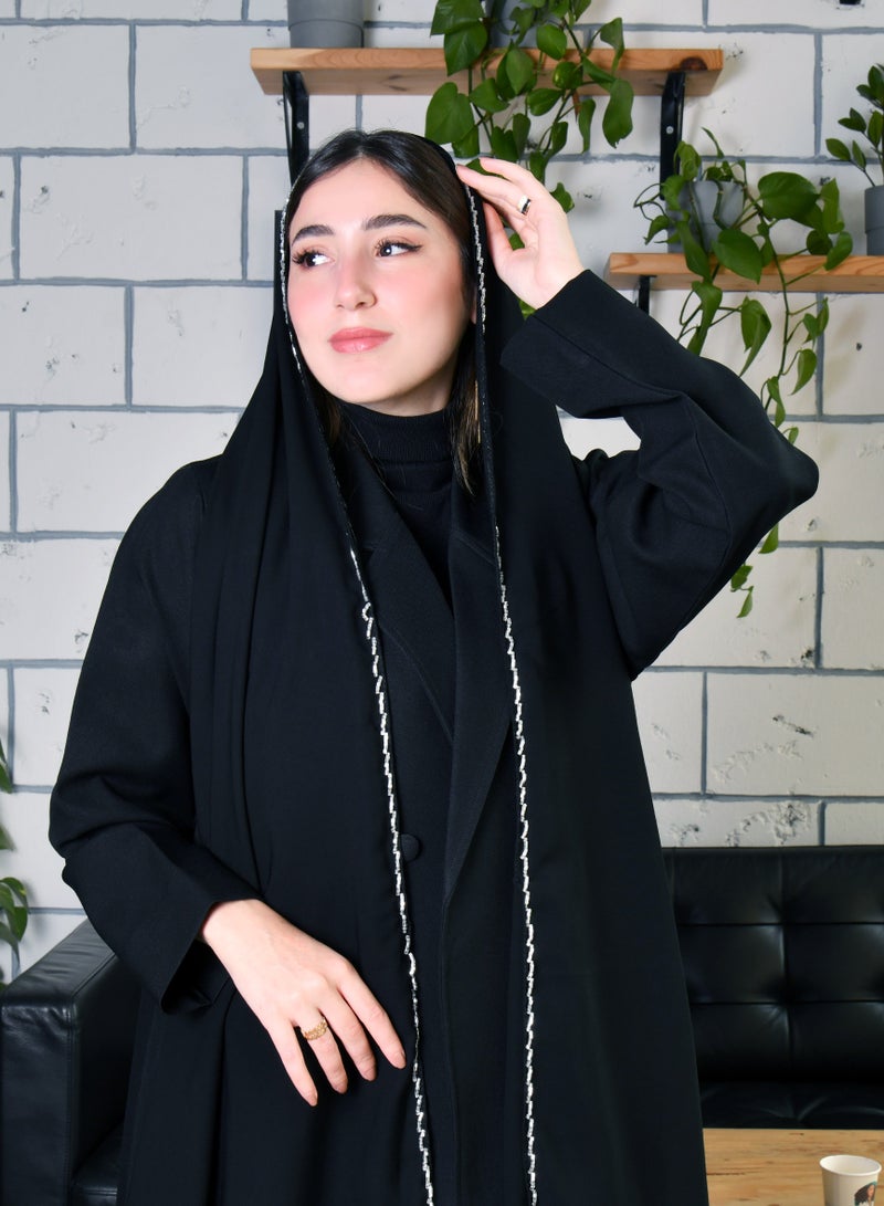 عبايات حوراء طرحه حرير سوداء مع شك فضي على الحافه - Image 2