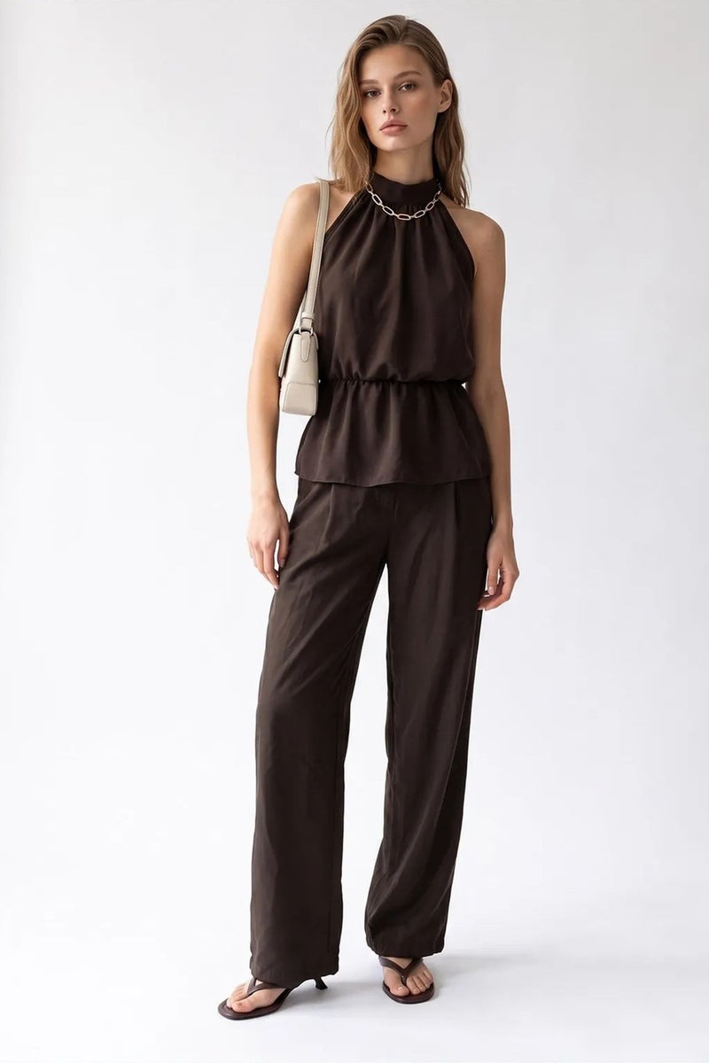 MIXRAY Halter Blouse And Wide-leg Pants Set - Image 1