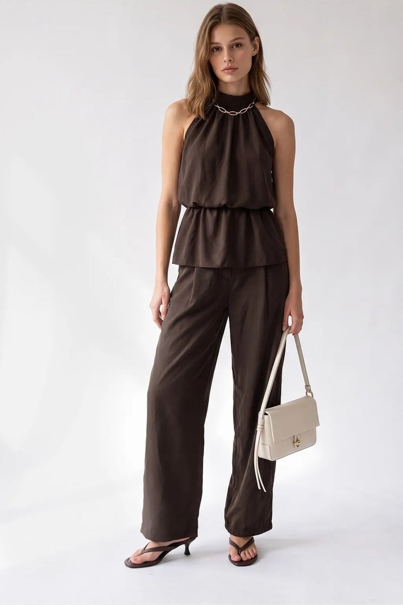 MIXRAY Halter Blouse And Wide-leg Pants Set - Image 3