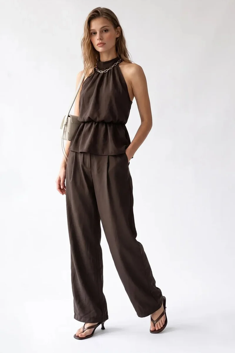 ميكسراي MIXRAY Halter Blouse And Wide-leg Pants Set