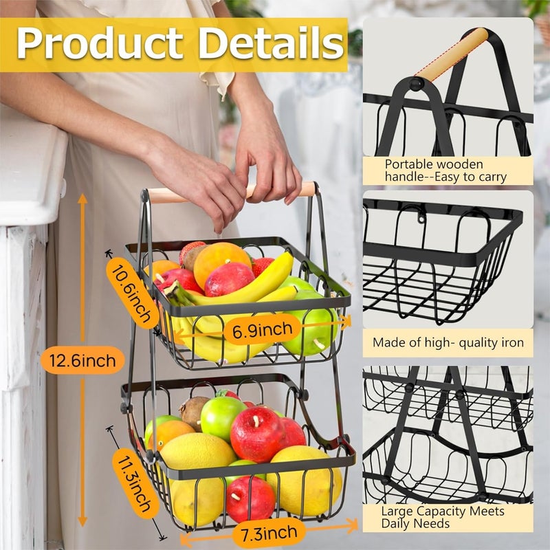 ZEROLUXE 2 Tier Fruit Basket for Kitchen, Detachable Fruit Bowl for Kitchen Counter, Metal Fruit and Vegetable Storage Stand, Fruits Holder Vegetable Basket with Wood Handle, Bread and Snack Organizer - Image 3