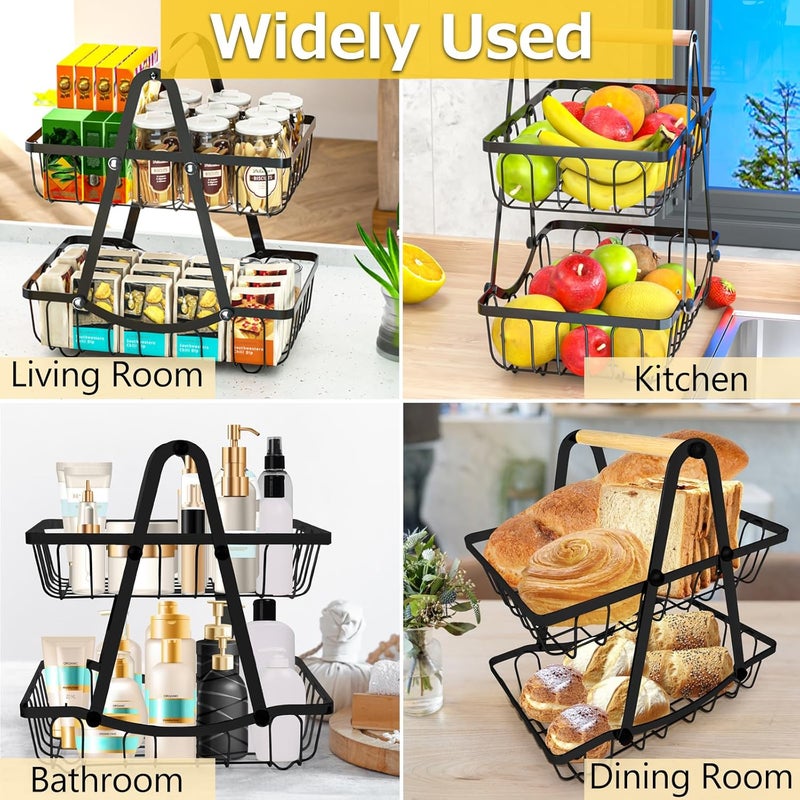 ZEROLUXE 2 Tier Fruit Basket for Kitchen, Detachable Fruit Bowl for Kitchen Counter, Metal Fruit and Vegetable Storage Stand, Fruits Holder Vegetable Basket with Wood Handle, Bread and Snack Organizer - Image 4