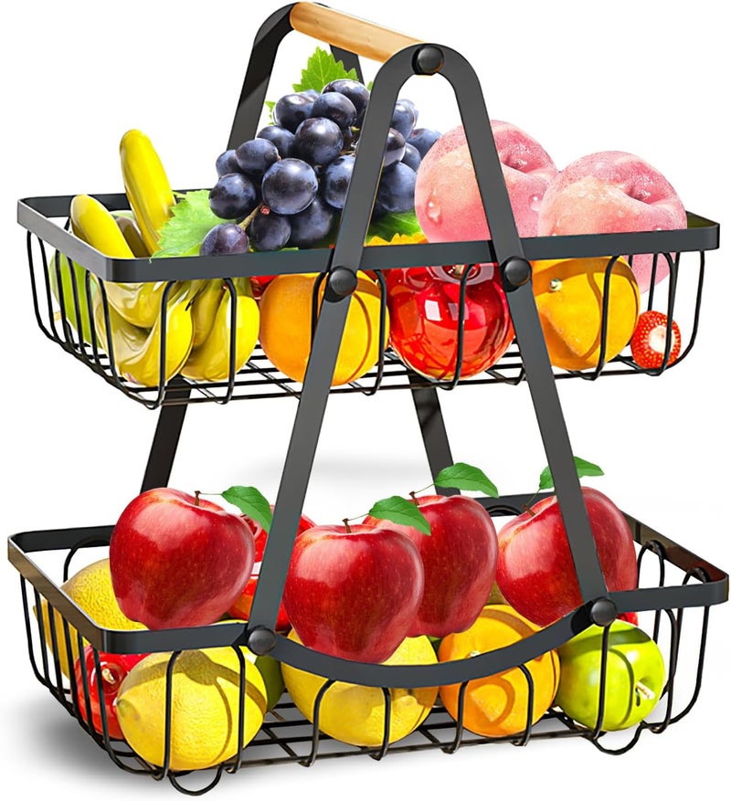 ZEROLUXE 2 Tier Fruit Basket for Kitchen, Detachable Fruit Bowl for Kitchen Counter, Metal Fruit and Vegetable Storage Stand, Fruits Holder Vegetable Basket with Wood Handle, Bread and Snack Organizer - Image 1