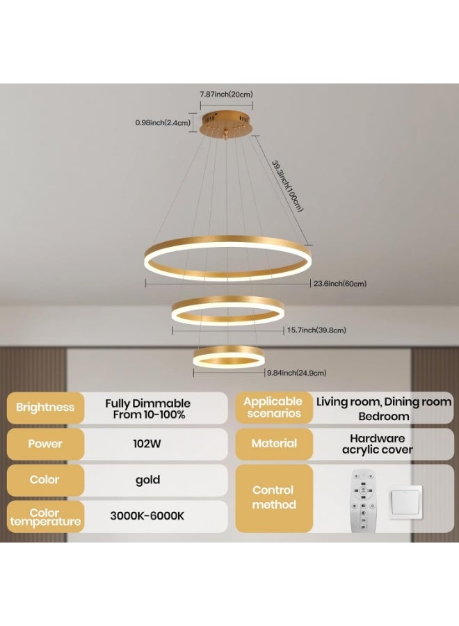 AFN Modern LED Ring Pendant Light with Multi Level Hanging Design and Remote Control for Living Room Dining Area Staircase, Energy Efficient Decorative Ceiling Suspension Lighting Fixture - Image 3