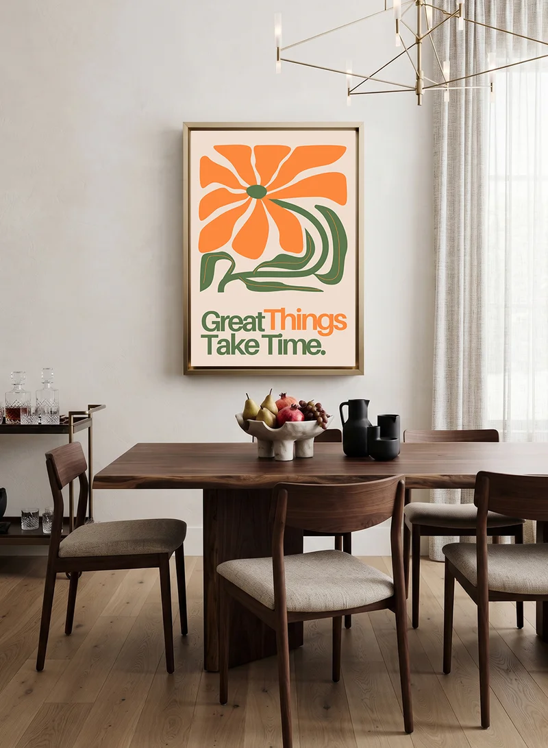Lowha Canvas Wall Art Stretched Over Wooden Frame with Gold Floating Frame Featuring the Motivational Phrase Great Things Take Time