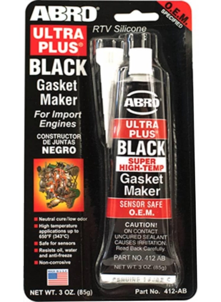 Abro ABRO Ultra Plus 999 RTV Silicone Sealant and Gasket Maker, for Import Engines, Sensor Safe, Non-Corrosive, High Temp Silicone Sealant/Head Gasket Sealant, 650 Degrees F, 3 oz. Tube - Black 