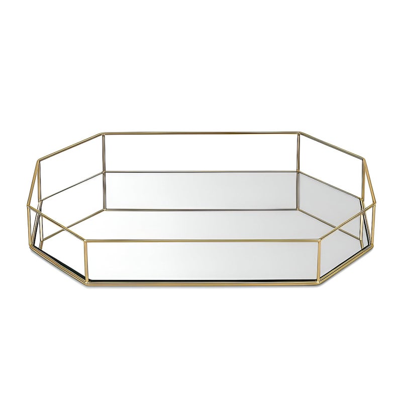 Decorative Gold Tray - Elegant Chinese Style Makeup Vanity Mirror and Jewelry Organizer with Glass Surface for Home Decor, 31.5cm × 21.5cm, Metal and Glass Material (Octagonal shape)