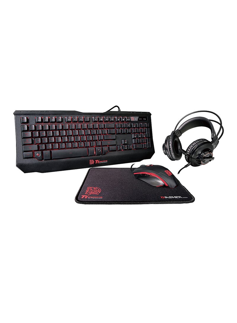 Thermaltake eSPORTS Knucker 4-in-1 Gaming Kit - 3 Color Membrane Keyboard, 2400 DPI Avago 5050 Optical Gaming Mouse, Headset & Mouse Pad Combo Kit Black - Image 1