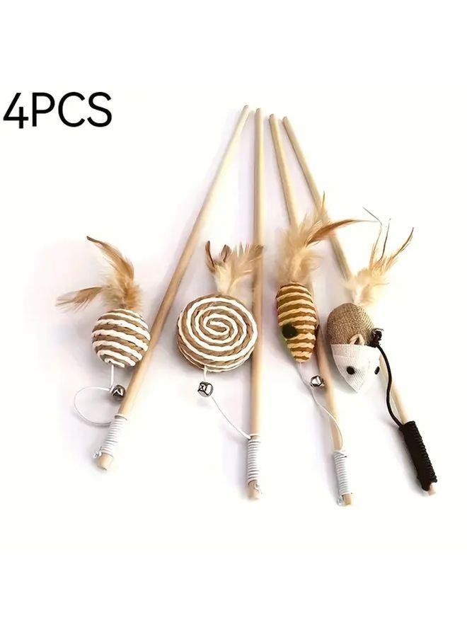 4 Piece White Cat Teaser Set Interactive Toy With Feathers Mouse Bells - Image 1
