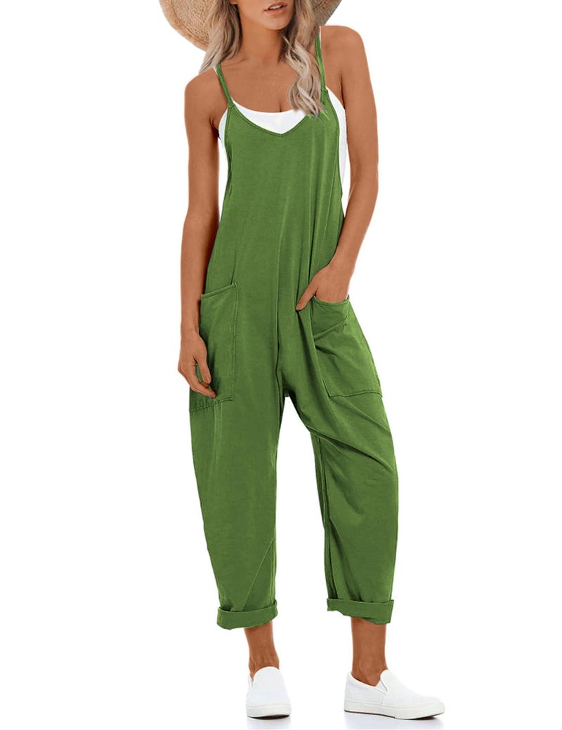 Lentta Women's Causal Jumpsuits V Neck Sleeveless Harem Overalls Stretchy Adjustable Strap Romper with Pockets(ArmyGreen-M) - Image 1