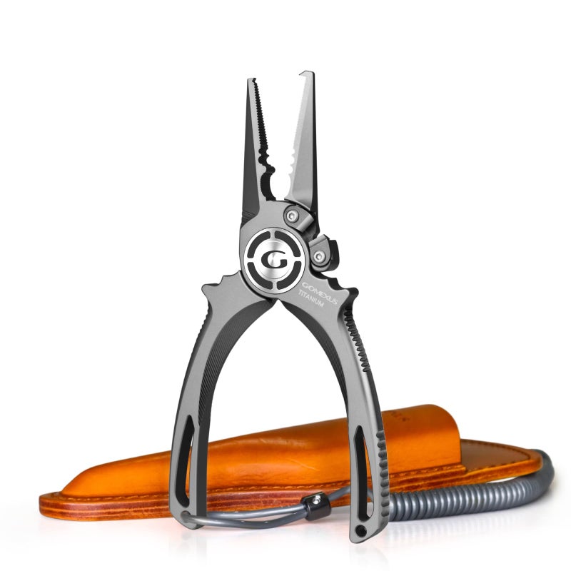 Gomexus Titanium Fishing Pliers 7 with Side Cutters Lanyard Leather Sheath Never Rust Hook Remover Saltwater Resistant Inshore Nearshore Fishing Split Ring Nose 7 INCHES - Image 2
