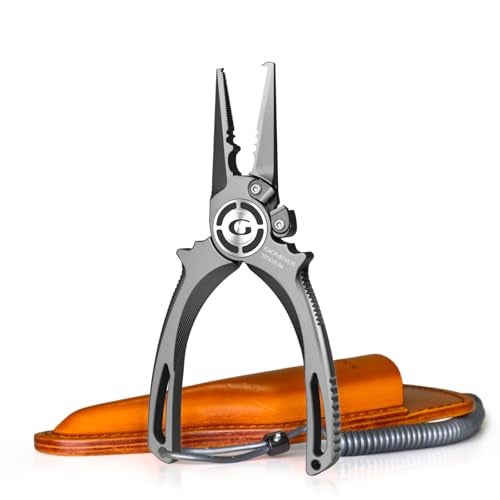 Gomexus Titanium Fishing Pliers 7 with Side Cutters Lanyard Leather Sheath Never Rust Hook Remover Saltwater Resistant Inshore Nearshore Fishing Split Ring Nose 7 INCHES - Image 1