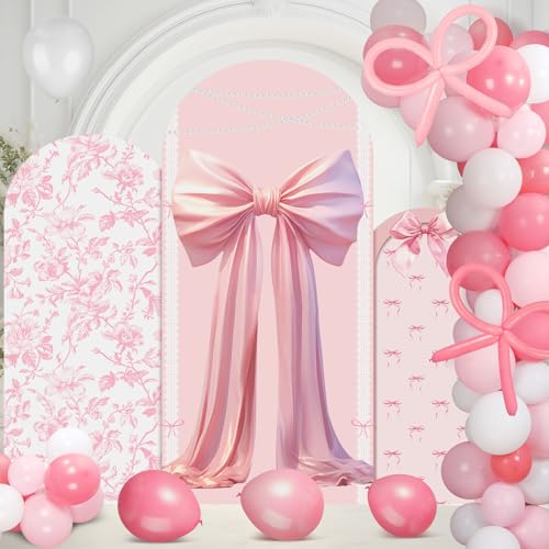 Soulchen Pink Bow Floral Arch Backdrop Cover Set of 3 with 200 Balloons 456 ft Fabric Pink White Wedding Chiara Arch Covers for Coquette Bow Party Birthday Wedding Bridal Shower Party Decorations - Image 1