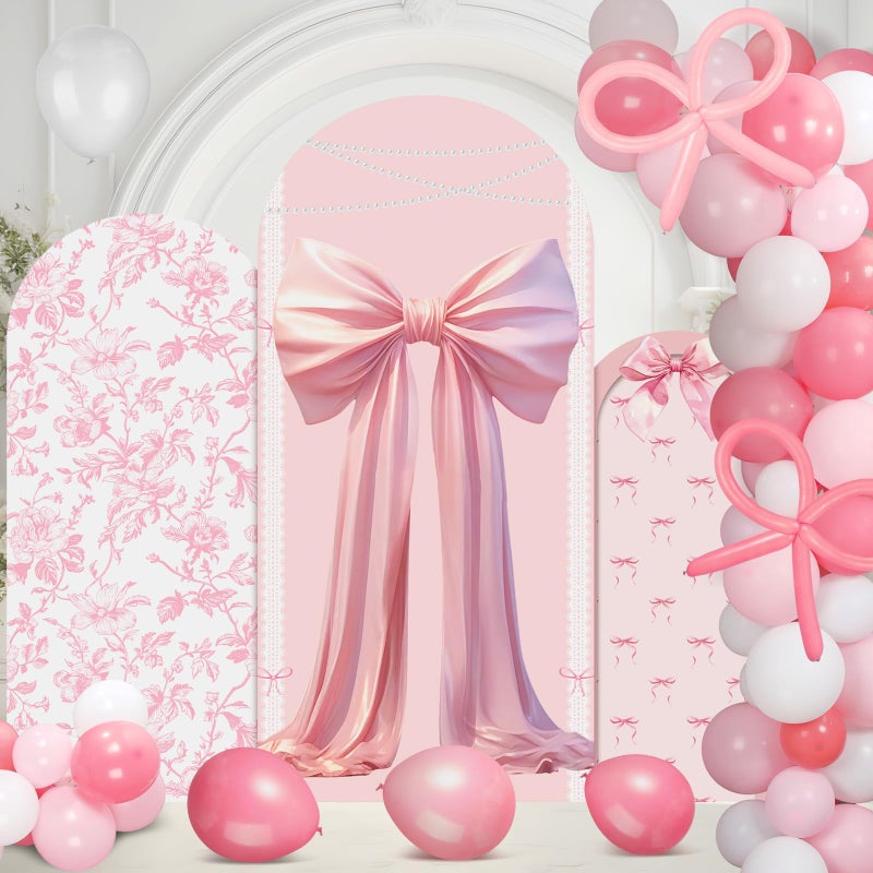 Soulchen Pink Bow Floral Arch Backdrop Cover Set of 3 with 200 Balloons 456 ft Fabric Pink White Wedding Chiara Arch Covers for Coquette Bow Party Birthday Wedding Bridal Shower Party Decorations - Image 2