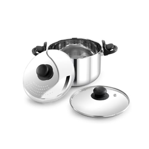 Praylady 7.0L Stainless Steel Strainer Pot with Glass Lid (24 CM) – Induction Base Multi-Purpose Cooking Pot for Pasta, Rice, Noodles, Vegetables – Pasta Pot, Anti-Locking, Dishwasher Safe - Image 1