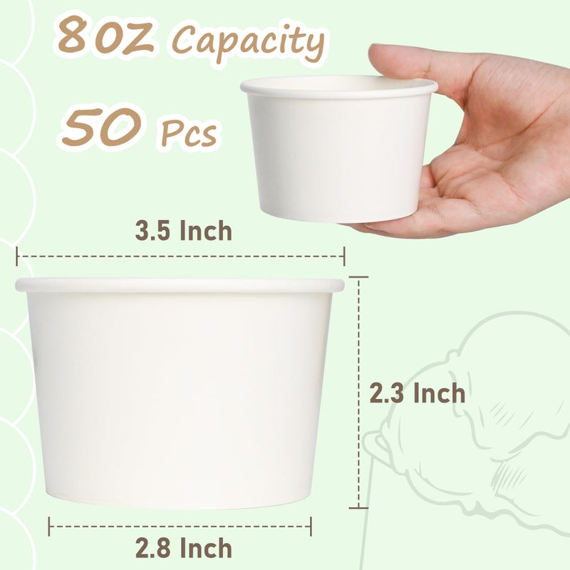 ESSENTIAL Paper Ice Cream Cups, 50pcs 8oz Disposable Dessert Bowls for Hot or Cold Food, Lids Not Included, Paper Snack Containers for Sundae, Frozen Yogurt, Soup (White) - Image 2