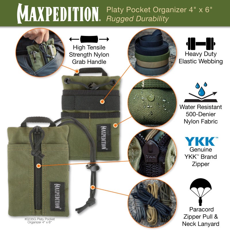 MAXPEDITION Platy Pocket Organizer, Durable EDC Tool Pouch for Men, Neck Wallet with Paracord Lanyard, Holds Flashlight, Multitool, Pen, Notebook (OD Green, 4" x 6") - Image 3
