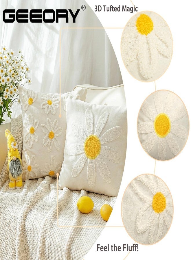 GEEORY 2-Pack 18x18 Inch Spring Summer Daisy Embroidered Canvas Throw Pillow Covers, Farmhouse Cotton Cushion Cases for Sofa Bed Living Room Home Decor - Image 3