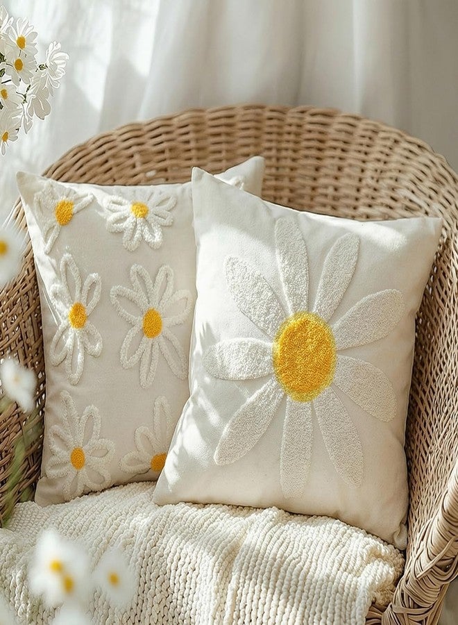 GEEORY 2-Pack 18x18 Inch Spring Summer Daisy Embroidered Canvas Throw Pillow Covers, Farmhouse Cotton Cushion Cases for Sofa Bed Living Room Home Decor - Image 1