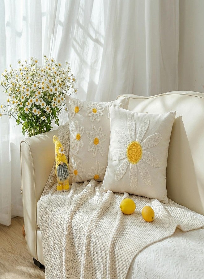 GEEORY 2-Pack 18x18 Inch Spring Summer Daisy Embroidered Canvas Throw Pillow Covers, Farmhouse Cotton Cushion Cases for Sofa Bed Living Room Home Decor - Image 4