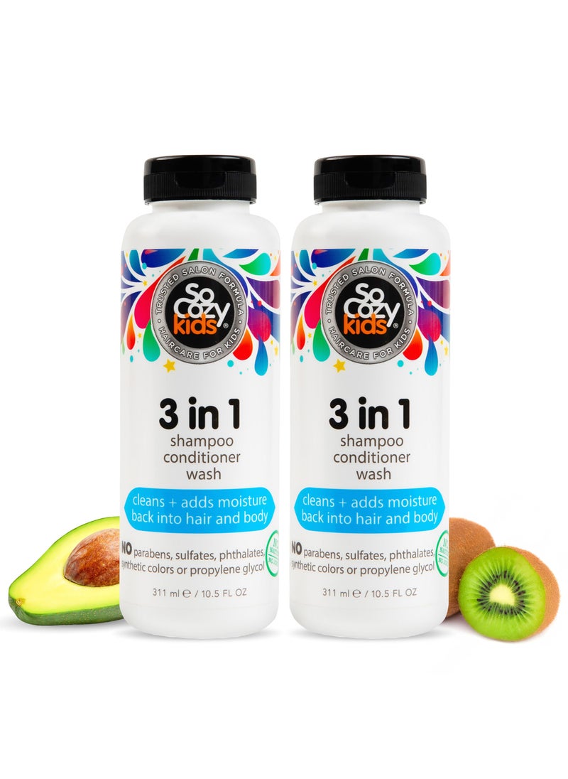 SO COZY SoCozy 3-in-1 Kids Shampoo + Conditioner + Body Wash (10.5 Fl Oz, 2 Pack) Gentle, Hydrating Hair & Body Cleanser with Keratin, Vitamin B5, & Kiwi Extract, Paraben & Sulfate-Free 